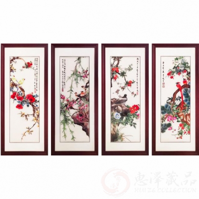 何建英苏绣《富贵满堂》四条屏